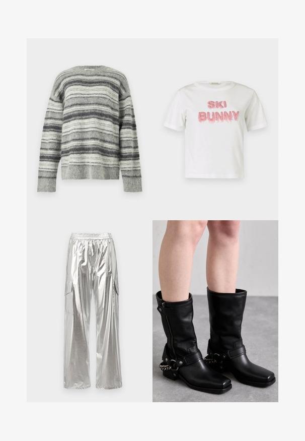 Szary sweter w paski wykonany z miękkiego, puszystego materiału. Posiada poziome paski w różnych odcieniach szarości i bieli. Okrągły dekolt, długie rękawy.; Biały bawełniany t-shirt z napisem „SKI BUNNY” wykonanym z różowego, wypukłego futerka syntetycznego. Krótkie rękawy i okrągły dekolt.; MCM - Bojówki; Czarne skórzane kozaki do kolan z kwadratowym noskiem, bocznym zamkiem błyskawicznym i regulowanym paskiem z metalowym akcentem w postaci łańcucha. Matowe wykończenie i solidna podeszwa.