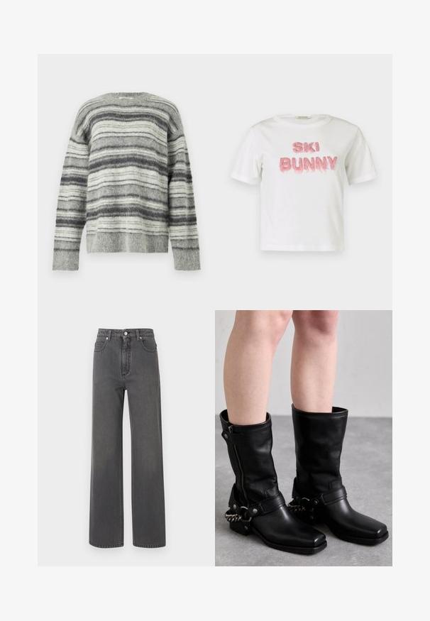 Gray striped sweater made of soft, fuzzy material. Features horizontal stripes in varying shades of gray and white. Round neck, long sleeves.; White cotton t-shirt featuring "SKI BUNNY" in raised pink faux-fur lettering. Short sleeves and a crew neck design.; Wide-leg, gray denim jeans with a high waist, front button closure, and contrasting stitching. Features two side pockets and a smooth texture.; Black leather knee-high boots with a square toe, side zipper, and adjustable strap featuring a metal chain accent. Matte finish and sturdy sole.