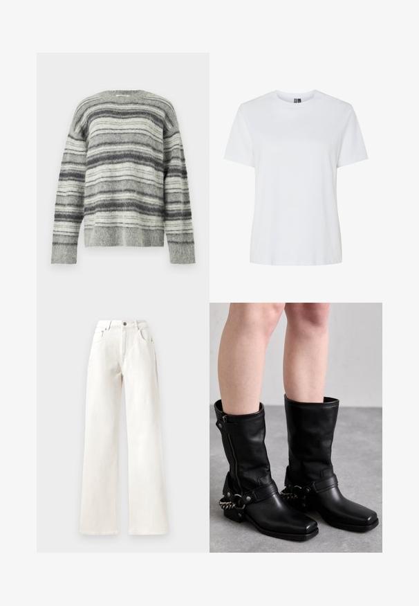 Pilkas dryžuotas megztinis, pagamintas iš minkštos, pūkuotos medžiagos. Turi horizontalių dryžių įvairiomis pilkos ir baltos spalvos atspalviais. Apvali apykaklė, ilgomis rankovėmis.; Balta medvilninė marškinėliai su trumpomis rankovėmis ir apvaliu iškirpimu. Lygus paviršius, laisvas šiukšlė ir jokių matomų raštų ar akcentų.; Balti plačios kojinės kelnės iš džinsinio audinio, turinčios mygtuko uždarymą, dirželių kilpas ir penkių kišenių dizainą. Lygus paviršius su matomu siuvimu.; Juodos odinės iki kelių siekiančios bootai su kvadratiniu pirštu, šoniniu užtrauktuku ir reguliuojama juosta, kuri turi metalinę grandinėlę. Matinis paviršius ir tvirta padas.