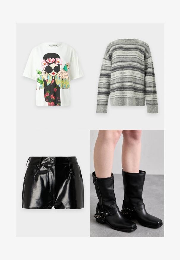 Gray striped sweater made of soft, fuzzy material. Features horizontal stripes in varying shades of gray and white. Round neck, long sleeves.; White short-sleeve t-shirt featuring a colorful graphic of a woman with black sunglasses, floral accents, and intricate background patterns.; Black, glossy shorts made of synthetic material. Features a fitted waist, belt loops, and front pockets with prominent stitching details.; Black leather knee-high boots with a square toe, side zipper, and adjustable strap featuring a metal chain accent. Matte finish and sturdy sole.