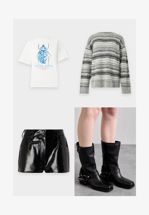 Sivý pruhovaný sveter z mäkkého, plyšového materiálu. Má horizontálne pruhy v rôznych odtieňoch sivej a bielej farby. Okrúhly výstrih, dlhé rukávy.; Biely bavlnený tričko s krátkymi rukávmi, na ktorom je modrý chrobák a nápis "STINE GOYA CAMPING CLUB SINCE 2006."; Čierne lesklé šortky vyrobené z syntetického materiálu. Majú priliehavý pás, pútka na opasok a predné vrecká s výraznými švovými detailmi.; Čierne kožené čižmy po kolená so štvorcovou špicou, bočným zipsom a nastaviteľným remienkom s metalickým reťazovým akcentom. Matný povrch a pevná podrážka.