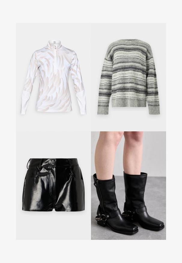 Pulover cu dungi gri, realizat din material moale și pufos. Prezintă dungi orizontale în diferite nuanțe de gri și alb. Guler rotund, mâneci lungi.; Polo sportiv cu mânecă lungă, de culoare albă, cu un model de valuri în nuanță bej deschis, având un guler înalt și închidere cu fermoar la un sfert. Material neted și elastic.; Pantaloni scurți negri, strălucitori, din material sintetic. Prezintă o talie ajustată, bucle pentru curea și buzunare frontale cu detalii de cusătură proeminente.; Botine negre din piele, cu toc drept, fermoar lateral și curea ajustabilă cu un accent din lanț metalic. Finisaj mat și talpă robustă.