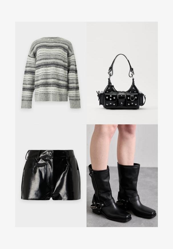 Grau gestreifter Pullover aus weichem, flauschigem Material. Mit horizontalen Streifen in verschiedenen Grautönen und Weiß. Rundhals, lange Ärmel.; Schwarze, glänzende Shorts aus synthetischem Material. Mit einem taillierten Bund, Gürtelschlaufen und vorderen Taschen mit auffälligen Nähdetails.; Schwarze Lederstiefel bis zum Knie mit eckiger Zehenpartie, seitlichem Reißverschluss und verstellbarem Riemen mit einer Metallkette. Mattes Finish und robuste Sohle.; Schwarze Lederhandtasche mit einem geschwungenen Design, verziert mit silbernen Nieten, einer Schnalle und zwei seitlichen Taschen. Verstellbarer Träger für verschiedene Tragemöglichkeiten.