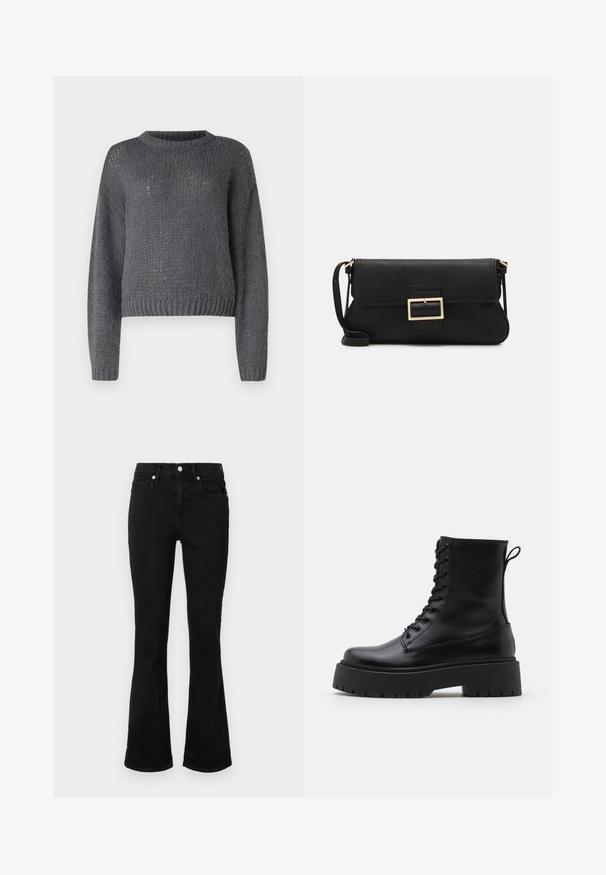 Pulover gri tricotat cu decolteu rotund, mâneci lungi și tiv cu nervuri. Prezintă un țesut texturat, ușor lejer pe întreaga suprafață.; Jeanși negri evazați din denim, cu talie medie, buzunare frontale și închidere cu nasture. Textură netedă, cu detalii minime de cusătură.; Botine din piele neagră, până la gleznă, cu vârful rotund, șireturi în față și o talpă groasă din cauciuc cu un model texturat. Fâșie de tragere la spate.; Geantă de mână din piele neagră, cu clapetă și un detaliu din metal auriu. Include o curea neagră și un design elegant, minimalist.
