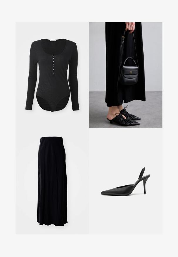 Pitkähihaine musta body pehmeästä, kevyestä kankaasta. Ominaisuuksiin kuuluu pyöreä pääntie ja nappikiinnitys, jossa on kuusi valkoista nappia.; Mustat maxi-hameet, jotka on valmistettu pehmeästä kankaasta; siinä on suora siluetti, sileä pinta ja hieman liehuva helma.; Mustat remmisandaalit korkealla korolla, teräväkärkiset, sileä nahkamateriaali ja tyylikäs, minimalistinen muotoilu. Korkea stiletto-korko.; Pieni musta nahkabag, jonka muoto on pyöreä, yläkahva ja irrotettava olkahihna. Yhdistetty mustan kankaan mekkoon ja mustiin plissee-kenkään.