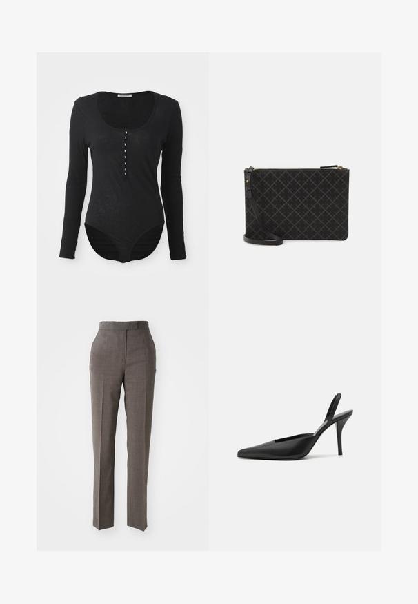 Juodas ilgomis rankovėmis bodis iš minkštos, lengvos medžiagos. Sukurtas su apvaliu iškirpimu ir mygtukų užsegimu priekyje, turinčiu šešis baltus mygtukus.; Pilki pritaikyti kelnių modeliai su tiesiomis kojomis, tekstūruota medžiaga, vidutinio aukščio juosmens linija ir dvi priekinės kišenės. Nėra matomų užsegimų ar raštų.; Juodos kulninės bateliai su atviru kulnu, smailiu nosiu, pagaminti iš lygaus odos medžiagos ir turintys elegantišką, minimalistinį dizainą. Aukštas stiletto kulnas.; Juodas odinis rankinukas su tekstūruotu deimanto raštu, auksiniu užtrauktuku ir nuimamu dirželiu. Lygi apdaila ir stačiakampio forma.