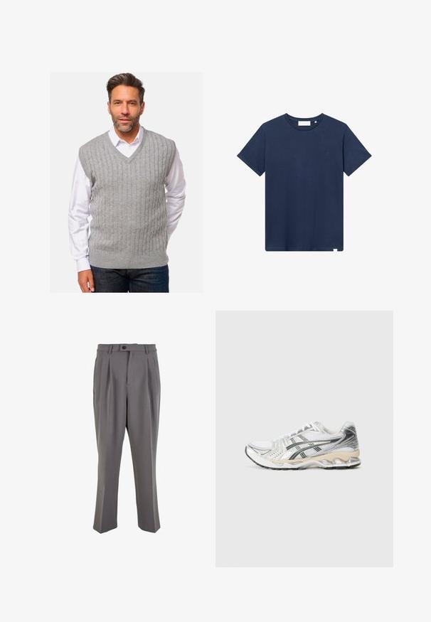 Gilet en tricot torsadé gris, en tissu côtelé, avec un col en V et des manches courtes, porté sur une chemise blanche.; T-shirt en coton bleu marine avec un col rond, des manches courtes et un petit logo brodé sur le côté gauche de la poitrine. Texture lisse.; Pantalons plissés gris en tissu lisse, avec une coupe droite, une fermeture à un bouton et des passants de ceinture. Design minimaliste.; Baskets blanches avec des accents argentés et noirs, tige en mesh, design texturé, semelle rembourrée et motif de semelle flexible.