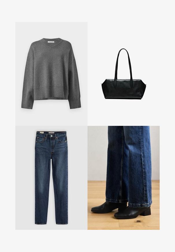 Grå stickad tröja med V-hals, ribbade ärmslut och nederkant. Har försänkta axlar och en lös, boxig passform. Mjuk textur.; Vit långärmad skjorta med krage och en bröstficka, något böjd nederkant, visad på en vit bakgrund.; Mörkblå raka jeans med fem fickor, knapp- och dragkedjestängning och kontrastsytt.; Svarta läderankelboots med fyrkantiga tår och låga blockklackar, kombinerade med vida blå denimjeans, på ett trägolv.; Svart läderhandväska med långa handtag, rektangulär form, slät textur och snedställda sidor, med en minimalistisk design utan synlig hårdvara.