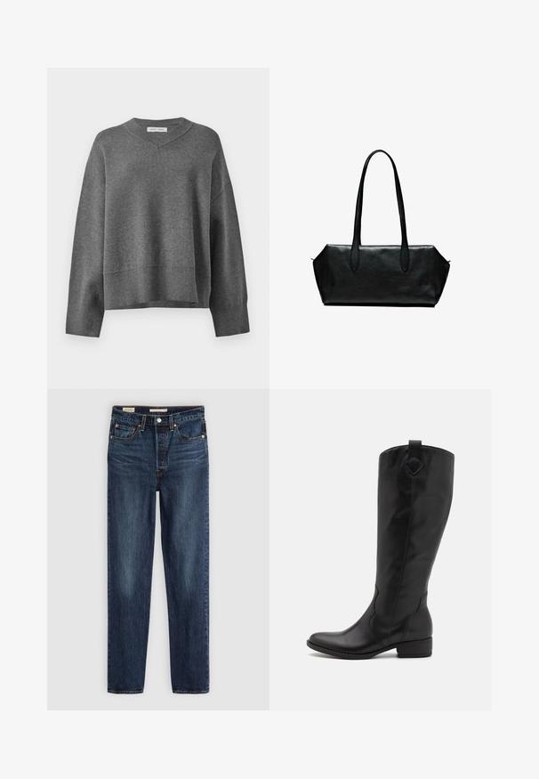Gray knit sweater with a V-neck, ribbed cuffs, and bottom hem. Features dropped shoulders and a loose boxy fit. Soft texture.; White long-sleeve button-up shirt with collar and single chest pocket, slightly curved hem, displayed on a white background.; Dark blue straight-leg jeans with five pockets, button and zipper closure, and contrast stitching.; Black leather knee-high boot with a rounded toe, low block heel, and decorative seam details. Features a pull tab at the back for easy wear.; Black leather handbag with long handles, rectangular shape, smooth texture, and angled sides, featuring a minimalist design and no visible hardware.