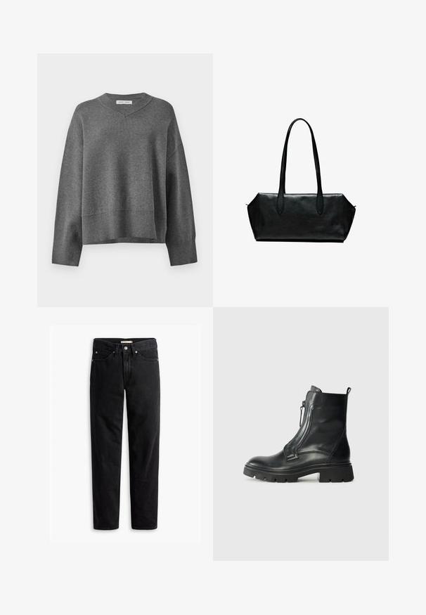 Grå stickad tröja med V-hals, ribbade ärmslut och nederkant. Har försänkta axlar och en lös, boxig passform. Mjuk textur.; Vit långärmad skjorta med krage och en bröstficka, något böjd nederkant, visad på en vit bakgrund.; Svarta raka jeans med knäppning och dragkedja, bältesöglor samt fram- och bakfickor, uppvisade liggande på vit bakgrund.; Svart läderankelboot med en kraftig gummisula, sidodragkedja, slät yta och en något rundad tå. Minimalistisk design utan mönster.; Svart läderhandväska med långa handtag, rektangulär form, slät textur och snedställda sidor, med en minimalistisk design utan synlig hårdvara.