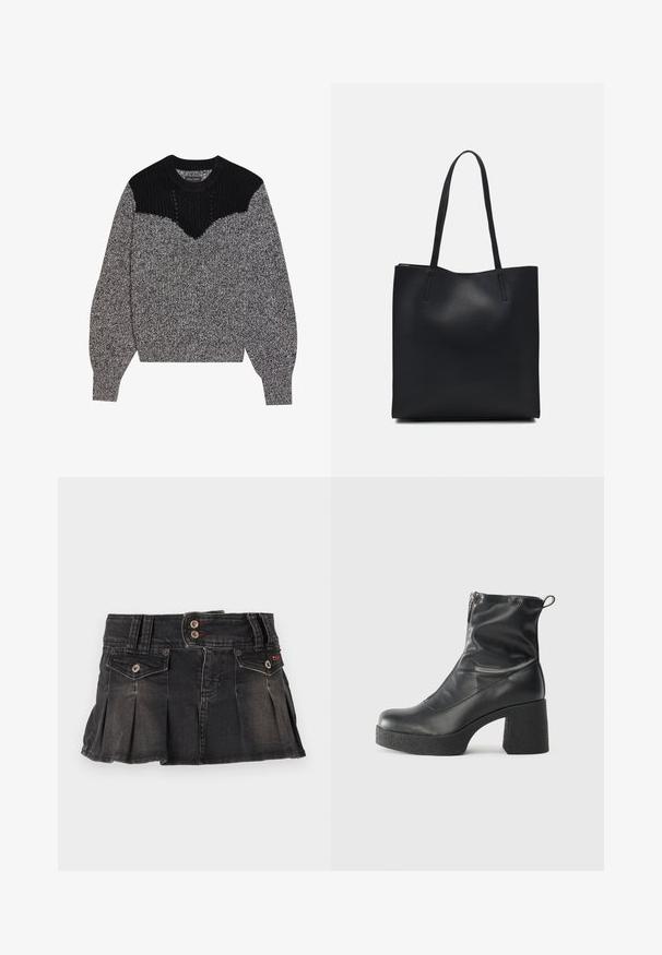 Fekete és szürke kötött pulóver. Texturált fekete vállrésze és V-alakú kialakítása van. Hosszú ujjú, bordás mandzsettával; puha, tömör textúra.; Sötét szürke farmer szoknya, redőkkel, öt gombos zárással és két elülső zsebel. Piros varrási részletek és enyhe kopás a szöveten.; Fekete bokacsizmák sima bőrből, oldalsó cipzárral, vastag, texturált sarkú és lekerekített orrú dizájnnal.; Fekete bőrtáska sima felszínnel, téglalap alakú, két hosszú füllel. Nincs látható fémkiegészítő vagy díszítés.