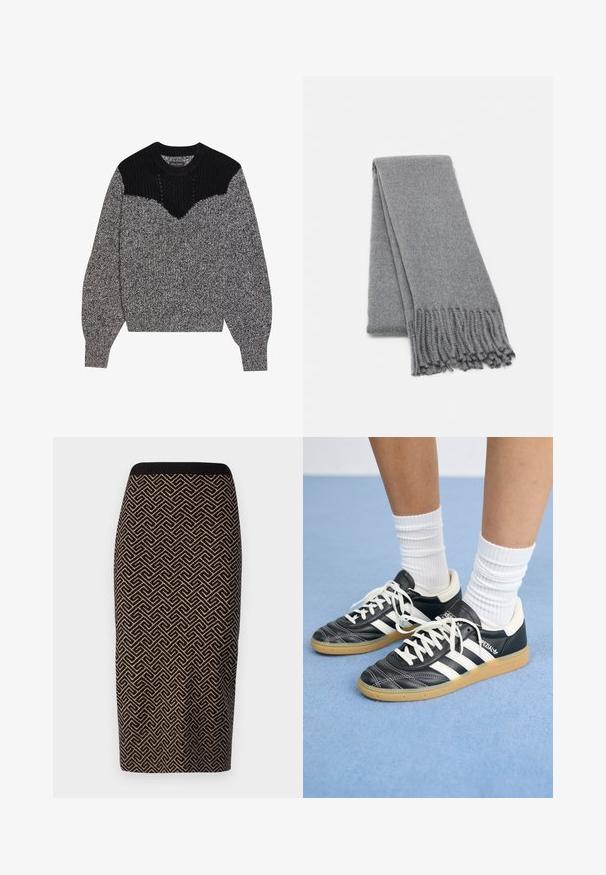 Gestrickter Pullover in Schwarz und Grau. Besitzt eine strukturierte schwarze Passe und ein V-förmiges Design. Lange Ärmel mit gerippten Bündchen; weiche, grobe Textur.; Strick-Bleistiftrock in Schwarz und Beige mit geometrischem Muster. Mit einem gerippten Bund und einer figurbetonten Silhouette.; Schwarze Ledersneaker mit weißen Streifen, runder Zehenpartie, weißen Schnürsenkeln und Gummisohle. Abgerundet durch gepolsterten Kragen und Branding-Details.; Grau gestrickter Wollschal mit einer weichen Textur, mit fransigen Kanten und einem schlichten Design. Ordentlich gefaltet, wobei seine längliche Form zur Geltung kommt.