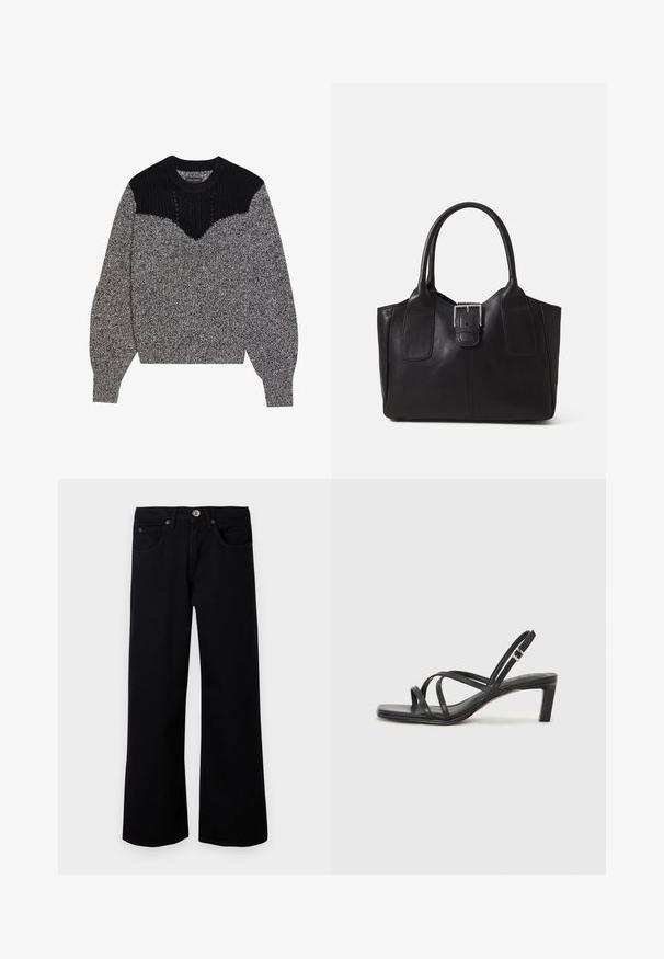 Knitted sweater in black and gray. Features a textured black yoke and a v-shaped design. Long sleeves with ribbed cuffs; soft, chunky texture.; BDG Urban Outfitters JAYA - Wide Leg - black; Black strappy sandal with a square toe and a low block heel. Features multiple thin straps and an adjustable ankle strap. Made of smooth leather.; Black leather tote bag with smooth texture, structured shape, two handles, and a prominent silver buckle detail on the front.
