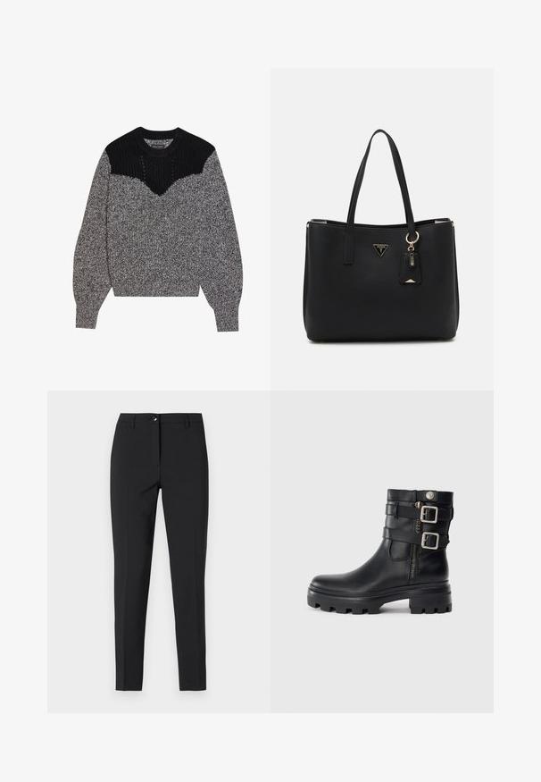 Pletena tunika v črni in sivi barvi. Ima teksturirano črno yoko in v-obliko obliko. Dolgi rokavi z rebrastimi manšeti; mehka, debela tekstura.; Črne prilegajoče hlače iz gladkega materiala, z klasičnim pasom, sprednjim zadrgo in stranskimi žepi ter elegantnim, krojenim dizajnom.; Črne usnjene gležnarske čevlje z dvojnimi zaponkami, zadrgo, grobim podplatom in gladko teksturo. Imajo trden in stiliziran dizajn.; Črna torba iz teksturiranega sintetičnega materiala, opremljena z dvema ročajoma, z zlatim logotipom in majhno oznako z detajlom v kontrastni barvi.