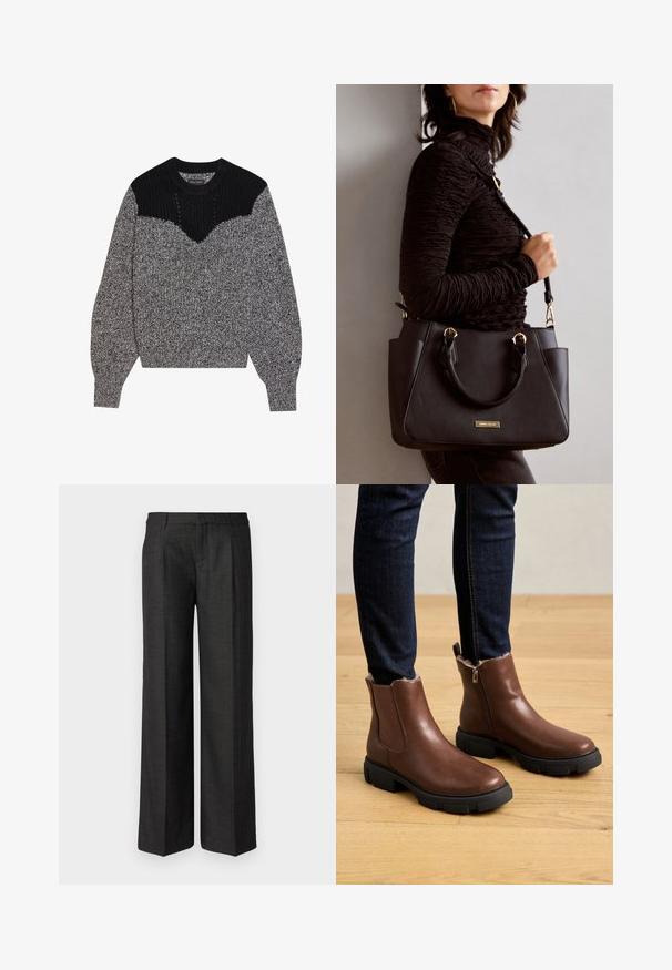 Juoda ir pilka megzta džemperis. Pasižymi tekstūruota juoda apykakle ir V formos dizainu. Ilgos rankovės su raukšlėtomis rankogaliais; minkšta, storoka tekstūra.; Juodi plačiakojai kelnės, pagamintos iš tekstūruotos medžiagos, su plokščiu priekiniu pamušalu, dviem šoninėm kišenėm ir švariu įvadu be puošmenų.; Rudi odiniai aulinukai su užtrauktuku, tekstūruotas paviršius, storas juodas gumos padas ir minkšta kailio apdaila aplink kulkšnį.; Juodas rankinės maišelis su struktūrizuota paviršiumi, dvigubais viršutiniais rankenėlėmis ir reguliuojamu peties diržu. Įrengtas aukso spalvos furnitūra ir šoninės kišenės.