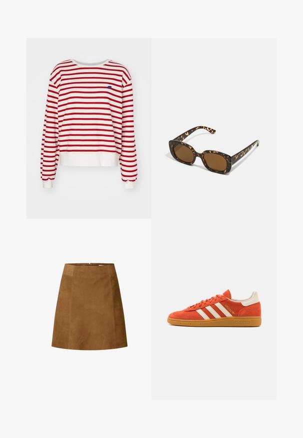 Sweatshirt rayé rouge et blanc à manches longues, avec un col rond et un ourlet côtelé. Présente un petit logo bleu sur la poitrine.; Jupe mini en daim marron avec une coupe droite, présentant une texture lisse et une fermeture éclair au dos. Design simple sans accents supplémentaires.; Baskets en daim orange avec des accents en cuir blanc, comportant trois rayures blanches et une semelle en caoutchouc gomme. Logo "Spezial" sur la languette.; Lunettes de soleil en écaille de tortue avec une monture ronde et épaisse et des verres marron. Présente des motifs subtils et des branches droites et effilées.; Foulard en soie bleu marine avec un graphique de cavalier à cheval marron, un motif de corde bleue décoratif, et le texte « LEVI'S PORTÉ PAR TOUS LES COWBOYS » en rouge.; Sac à épaule en cuir marron avec une finition texturée, forme courbée, quincaillerie dorée, bandoulière réglable et fermeture à rabat.