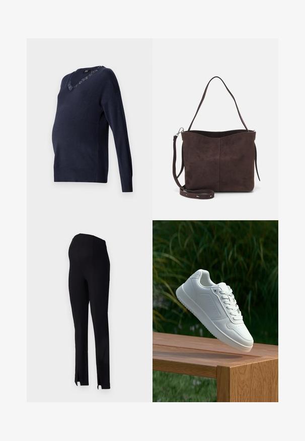 Suéter de maternidad de punto azul marino con escote en V y detalles de encaje en el cuello. Manga larga y un ajuste relajado para mayor comodidad.; Pantalones negros acanalados con un diseño ajustado, que cuentan con aberturas en los laterales del dobladillo. La tela parece suave con una textura sutil.; Zapatilla blanca con un upper sintético suave, caja de dedos perforada, cordones planos y una suela texturizada, exhibida sobre una superficie de madera.; Bolso tote de ante marrón con una textura suave, que presenta una sola correa para el hombro y una sutil apertura curva en la parte superior. Sin detalles de herrajes visibles.