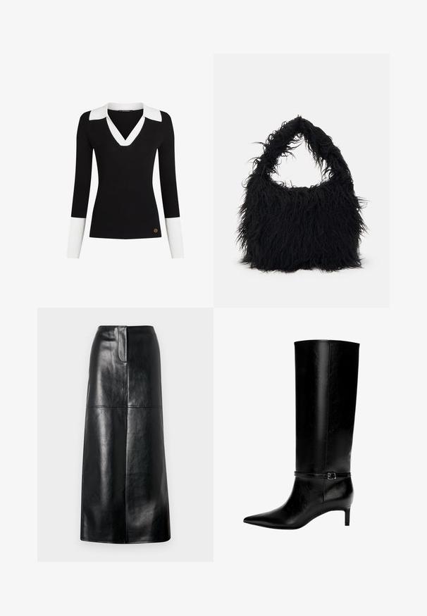 Schwarzer gerippter Pullover mit weißem Kragen und Bündchen, V-Ausschnitt, figurnahem Schnitt und einem goldenen Logo-Akzent am Saum.; Schwarzer Leder-Midi-Rock mit glatter Textur, geradem Schnitt und subtiler Glanz. Verfügt über einen schlichten Bund und keine sichtbaren Metallteile.; Schwarze Lederstiefel bis zum Knie mit spitzer Zehe und kleinem Absatz. Verfügt über einen schmalen Riemen mit einer metallischen Schnalle am Knöchel. Glatte Textur.; Even&Odd Shopping Bag - black