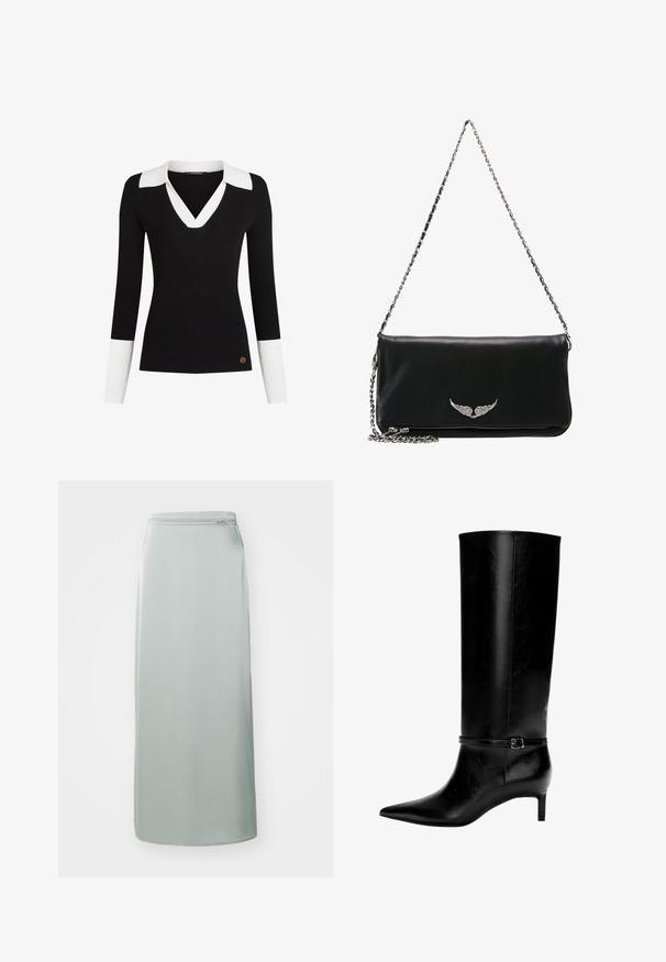 Černý žebrovaný svetr s bílým límcem a manžetami, výstřihem do V, úzkým střihem a zlatým logem na lemu.; Dlouhá, světle zelená sukně vyrobená z hladkého materiálu. Má rovný střih a skrytý zip v pase. Minimalistický design, bez vzorů nebo akcentů.; Černá kožená vysoká bota po kolena s špičatou špičkou a malým podpatkem. Obsahuje úzký pásek s kovovou sponou kolem kotníku. Hladký povrch.; Černá kožená psaníčko s stříbrným řetězovým popruhem, na přední straně s emblémem křídla, hladká textura a zipové uzavření na dně.