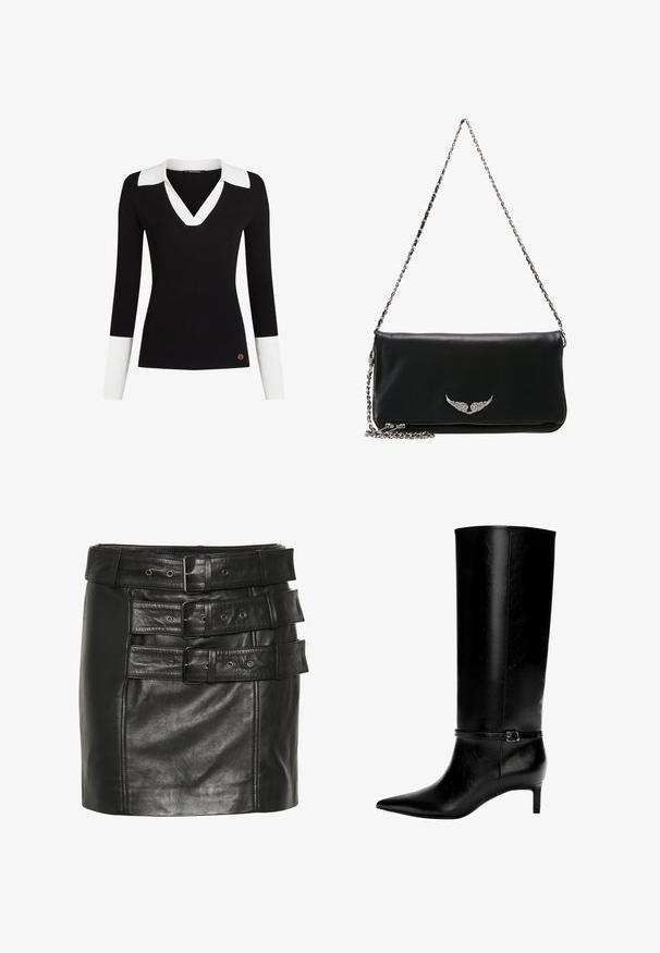 Pulover negru cu dungi, având un guler și mansete albe, design în formă de V, croială ajustată și un accent cu logo auriu aproape de tiv.; Fustă mini din piele neagră, dotată cu multiple curele late cu prinderi și ochiuri metalice. Textură netedă cu un design structurat.; Cizme negre din piele, până la genunchi, cu vârf ascuțit și tocul mic. Prezentă o curea îngustă cu o cataramă metalică în jurul gleznei. Textură netedă.; Cloșă de piele neagră cu curea din lanț argintiu, având un emblema cu aripi în față, textură netedă și închidere cu fermoar la bază.