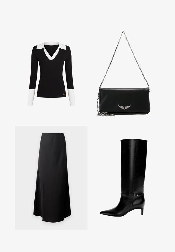 Sort ribbet sweater med hvid krave og manchetter, V-hals design, tætsiddende form og en guld logo detalje nær kanten.; Sort midi-nederdel med en glat tekstur, designet med høj talje og en sidelægning, prydet med en simpel, udekoreret silhuet.; Sort læderknæhøj støvle med spids tå og en lille hæl. Har en smal rem med en metallisk spænde omkring anklen. Glat overflade.; Sort læder clutch taske med en sølv kædestropp, der har et vinge embleme foran, glat struktur og lynlås lukning i bunden.