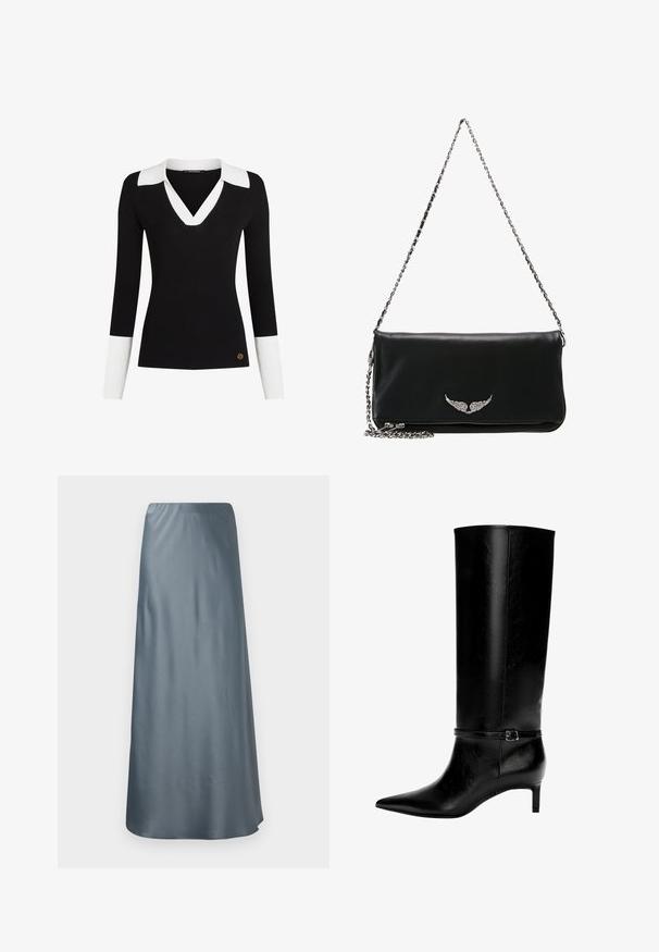 Černý žebrovaný svetr s bílým límcem a manžetami, výstřihem do V, úzkým střihem a zlatým logem na lemu.; Dlouhá sukně do A ve měkké, lesklé šedé saténové látce. Má elastický pas a hladkou, plynule se pohybující strukturu bez viditelných vzorů.; Černá kožená vysoká bota po kolena s špičatou špičkou a malým podpatkem. Obsahuje úzký pásek s kovovou sponou kolem kotníku. Hladký povrch.; Černá kožená psaníčko s stříbrným řetězovým popruhem, na přední straně s emblémem křídla, hladká textura a zipové uzavření na dně.