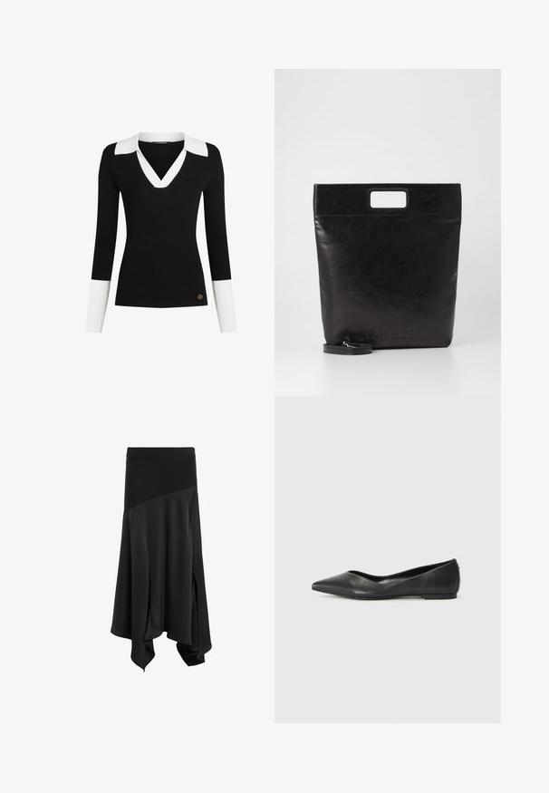 Sort ribbet sweater med hvid krave og manchetter, V-hals design, tætsiddende form og en guld logo detalje nær kanten.; Sort asymmetrisk nederdel med en glat overflade, der har en bred elastisk talje og sideskår for øget bevægelse og flow.; Sorte læder balletlejersko med spids tå, lav hæl og glat overflade. Minimalistisk design med en diskret sideaccent.; Sort læder tote bag med et firkantet håndtag, der har en tekstureret overflade og prægede logo. Indeholder en aftagelig rem.