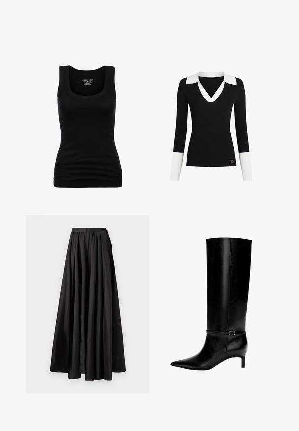 Black ribbed sweater featuring a white collar and cuffs, V-neck design, fitted shape, and a gold logo accent near the hem.; Black tank top with a round neckline and wide straps, made of stretchable cotton material, featuring a fitted silhouette and smooth texture.; Black maxi skirt made of smooth fabric, featuring a gathered waistband, full A-line silhouette, and minimalistic design without visible hardware.; Black leather knee-high boot with pointed toe and a small heel. Features a narrow strap with a metallic buckle around the ankle. Smooth texture.