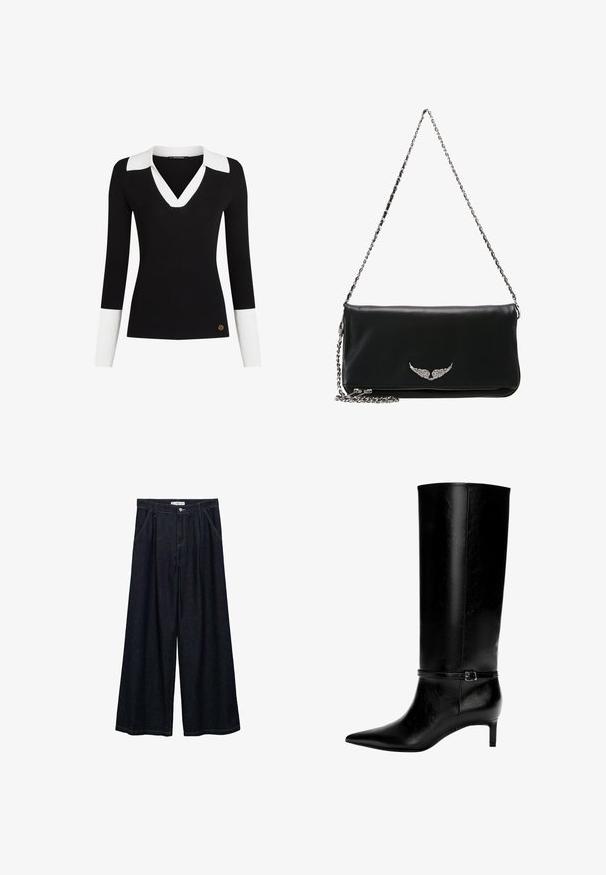 Maglione nero a coste con collo e polsini bianchi, design a V, forma aderente e un accento con logo dorato vicino all'orlo.; Pantaloni larghi in denim scuro con vita alta, dotati di chiusura frontale con bottone, due tasche laterali e dettagli di cucitura.; Stivale in pelle nera alto fino al ginocchio con punta appuntita e tacco basso. Presenta una cinghia sottile con una fibbia metallica attorno alla caviglia. Texture liscia.; Clutch bag in pelle nera con tracolla a catena argentata, caratterizzato da un emblema alato sul davanti, texture liscia e chiusura con zip alla base.