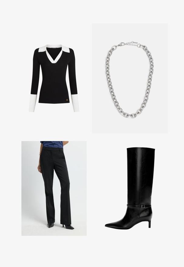 Mustan ribbattu neuletakki, jossa on valkoinen kaulus ja hihansuut, V-kaula-aukko, sopiva malli ja kultainen logo korostus helman lähellä.; Musta räätälöity housut suoran lahkeen muotoilulla, joka on valmistettu sileästä kankaasta, ja joissa on sivutaskut sekä keskikorkea vyötärö.; Mustat nahkasaappaat polven yli, joissa on terävä kärki ja pieni korko. Niissä on kapea hihna metallisoljella nilkan ympärillä. Suora pinta.; Hopeaketju, jossa on ovaalin muotoisia renkaita ja lukkona rapu, aseteltuna tasaisesti valkoiselle taustalle.