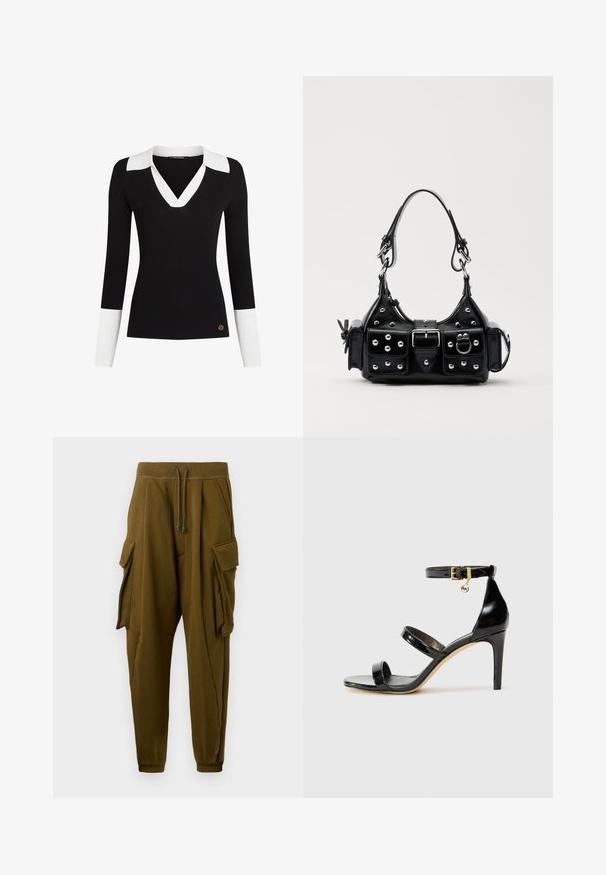 Must have musternik, mille valge krae ja mansettidega, V-kaeluse disain, sobiv kuju ning kuldne logo aktsent allääres.; Oliivrohelised jogger püksid stringsiisiga, kahe suure pesu taskuga flappidega kummalgi küljel ja mansettidega sääred.; Must musta nahk sandaal kolme rihmaga, pahkluu vööga ja 4-tollise stilettakontsaga. Omab kuldset detaili ja logovõtit.; Must värvi nahast käekott, millel on kaarjas disain, hõbedased nupukesed, kinnitusahe ja kaks külgtaskut. Reguleeritav rihm erinevate kandmisvõimaluste jaoks.