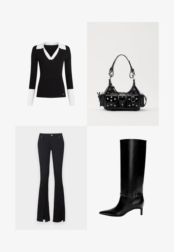 Crni rebrasti pulover s bijelom kragnom i manžetama, dizajn s V-izrezom, uski kroj i zlatni logo akcent blizu donjeg ruba.; Crne široke traperice izrađene od mekane denimske tkanine, s prorezima na gležnjevima, dva prednja džepa i metalnim kopčanjem. Klasičan dizajn s čistim završetkom.; Crne kožne čizme do koljena s uskim vrhom i malom petom. Imaju usku traku s metalnom kopčom oko gležnja. Glatka tekstura.; Crna kožna torba s zakrivljenim dizajnom, koja sadrži srebrne zakovice, kopču i dva bočna džepa. Podesiva traka za različite opcije nošenja.