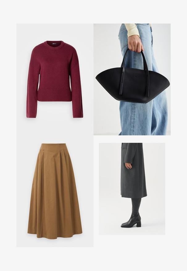 Bordeaux gebreide trui met een ronde halslijn, lange mouwen en een geribde zoom. De stof ziet er zacht en gestructureerd uit.; Bruine katoen A-lijn rok met een hoge taille, voorzien van plooien aan de voorkant en een gladde textuur. De zoomafwerking is schoon en eenvoudig.; Grijze, op maat gemaakte overjas met een rechte snit; gecombineerd met kniehoge zwarte leren laarzen met een vierkante neus en chunkyerand.; Zwarte leren handtas met een unieke waaier vorm, voorzien van platte handvatten. Het oppervlak heeft een gewelfde textuur en een minimalistisch ontwerp.