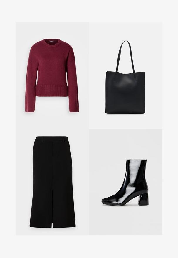 Vīna sarkans adīts džemperis ar apaļu kakla izgriezumu, garām piedurknēm un ribotu apakšmalu. Audums izskatās mīksts un teksturēts.; Melnā ceļa garuma svārki ar taisnu siluetu, izceļoties ar priekšējo šķēlumu, gludu tekstūru un piegriezuma jostasvietu.; Melnas lakotas potītes ar asu pirkstu un kvadrātveida bloku papēdi. Gluda tekstūra ar augstu spīdumu, bez redzamām rotājumām.; Melnas ādas somiņa ar gludu tekstūru, taisnstūra formu un divām garām rokturiem. Nav redzamu aparatūras vai rotājumu.