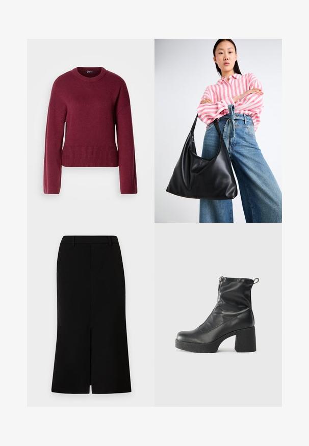 Burgundy kötött pulóver, kerek nyakkal, hosszú ujjakkal és bordázott aljjal. Az anyag puhanak és textúráltak tűnik.; Fekete, térd fölé érő szoknya egyenes vonalvezetésű fazonnal, elöl hasítékkal, sima textúrával és szabott derékkal.; Fekete bokacsizmák sima bőrből, oldalsó cipzárral, vastag, texturált sarkú és lekerekített orrú dizájnnal.; Fekete bőr válltáska, laza formával és varrás részletekkel. A model egy rózsaszín és fehér csíkos inget visel széles szárú kék farmernadrággal.