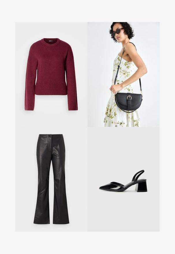 Pulôver tricotado bordeaux com decote redondo, mangas longas e bainha canelada. O tecido parece suave e texturizado.; Calças de couro pretas com um acabamento suave, apresentando um fecho frontal com zíper e botão. O design é ajustado na anca, alargando na bainha.; Sandy em verniz preto com salto slingback, ponta afilada e salto geométrico. Apresenta um design elegante e minimalista com textura suave.; Bolsa de couro preta com forma curva, alça destacável e detalhes em dourado. A bolsa possui uma aba com detalhe de fivela.