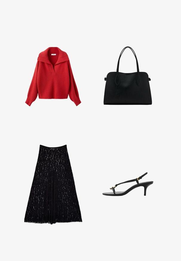 Pull rouge en tricot avec un col large et un décolleté en V profond. Caractéristiques : épaules tombantes, manches longues et tissu texturé. Longueur raccourcie.; Jupe en dentelle noire avec une silhouette évasée, dotée d'un motif texturé et d'une taille lisse, arrivant au genou avec une doublure intérieure.; Sandale à talon aiguille noire en cuir avec des fines bandoulières, boucle dorée et une boucle pour les orteils minimaliste sur fond blanc.; Sac à main en cuir noir avec deux anses, de forme rectangulaire et au design minimaliste sur un fond blanc.