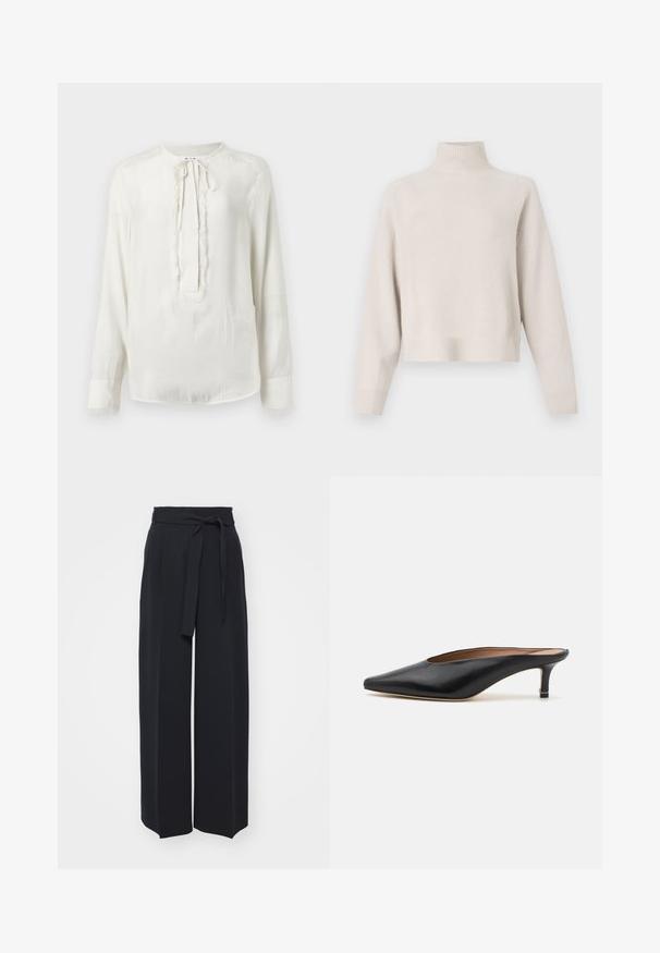 Lichtbeige coltrui gemaakt van zachte stof. Kenmerkt zich door een relaxte pasvorm, ribbelboorden en lange mouwen. Minimalistisch ontwerp.; Witte blouse met lange mouwen, een ronde halslijn en striksluiting. Bevat een getextureerde afwerking langs de voorkant en manchetten. Soepele stofafwerking.; Zwarte wijde broek van zachte stof. Voorzien van een ceintuur en plooien aan de voorkant. Glad textuur met een strakke, hedendaagse stijl.; Zwarte leren muiltjes met een puntige neus en een lage, blokhak. Glad oppervlak met een gestroomlijnd ontwerp. Open achterkant met minimale details.
