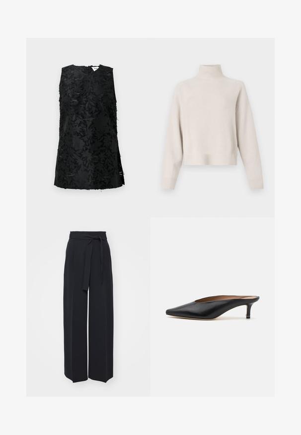 Light beige turtleneck sweater made of soft fabric. Features a relaxed fit, ribbed hem and cuffs, and long sleeves. Minimalist design.; Black sleeveless top with textured floral pattern, featuring a V-neck and side slits. Made of fabric with a slight sheen. Zipper closure at back.; Wide-leg black trousers made of soft fabric. Features a belted waistband and front pleats. Smooth texture with a clean, contemporary design.; Black leather mules with a pointed toe and low, block heel. Smooth texture with a sleek design. Open back with minimal detailing.