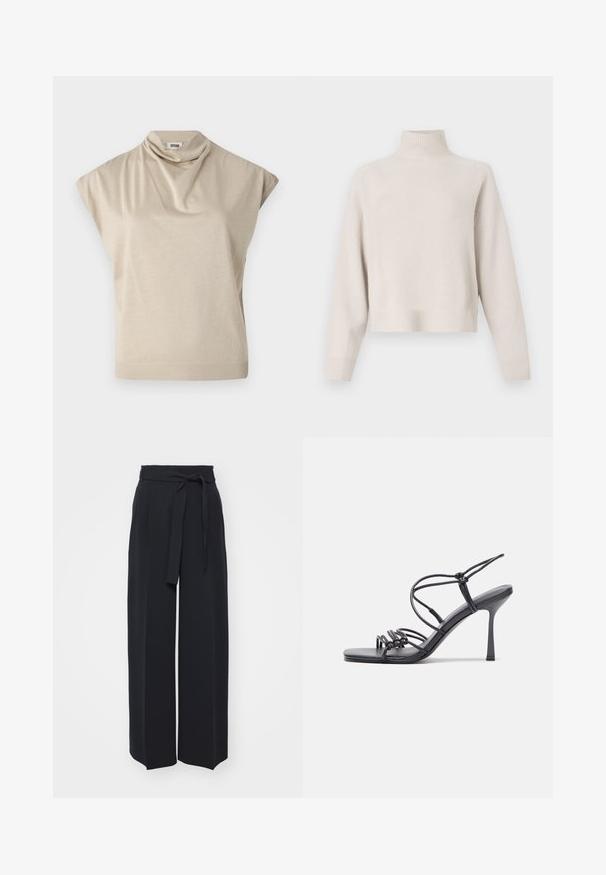 Lys beige turtleneck genser laget av myk stoff. Har en avslappet passform, ribbestrikket kant og mansjetter, og lange ermer. Minimalistisk design.; Beige kortermet topp med drapert cowl-hals. Glatt tekstur, tettsittende midje og ribbestrikket kant. Laget av lett, elastisk stoff.; Bredde ben sorte bukser laget av myk stoff. Har belted liv og frontfolder. Jevn tekstur med et rent, moderne design.; Svart høye hælsandaler har tynne stropper med en knyttet design, en glatt firkantet tå og en elegant stiletto-hæl.