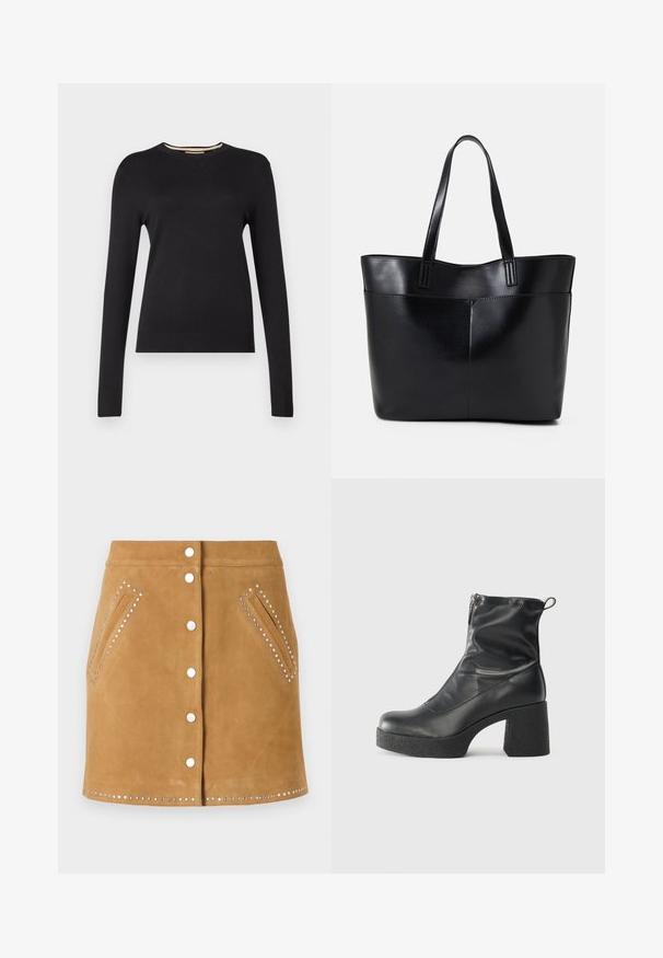 Sweater preto de manga longa feito de um material de malha suave. Apresenta um decote e punhos canelados, com uma silhueta justa e sem padrões visíveis.; Saia de camurça castanha com fecho frontal por botões, dois bolsos laterais e tachas prateadas ao longo dos bolsos e da bainha. Textura suave.; Botas de tornozelo pretas feitas de couro liso, com fecho lateral, salto grosso texturizado e design de bico arredondado.; Bolsa tote preta em couro com duas alças longas, textura suave e forma estruturada. Apresenta um bolso frontal para armazenamento adicional.
