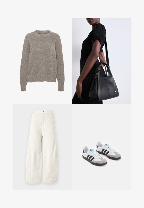 Világosszürke kötött pulóver, kerek nyakú, hosszú ujjakkal és finom textúrázott felülettel. Nincsenek látható minták vagy díszítések.; Széles lábú kordbársony nadrág világos bézs színben, bordázott textúrával, klasszikus gombos záródással és sima oldalsó zsebekkel.; Fehér bőr felsőrészes sportcipő, szürke velúrból készült orral és három fekete csíkkal. Jellemzője a kék logó a nyelvén és egy texturált gumitalp.; Fekete bőr hobo alakú kézitáska, sima felülettel, lekerekített tetejével és aranyszínű fém kiegészítőkkel.