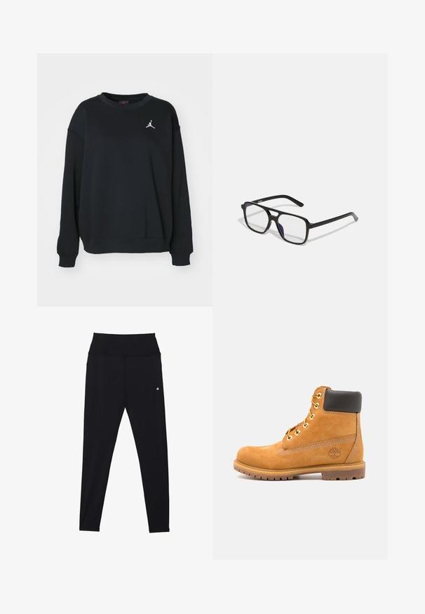 Sudadera negra de algodón, con cuello redondo, mangas largas, puños y parte inferior acanalados, y un logo Jumpman blanco en el pecho.; Leggings negros hechos de una tela elástica, con una cinturilla ancha y sin costuras, y un mínimo detalle del logotipo en blanco cerca de la cadera. Textura suave.; Botín de cuero marrón con acolchado negro, ojales dorados y suela texturizada. Presenta un logotipo circular en el costado y acentos de costura.; Gafas rectangulares negras con lentes transparentes y un sutil tono púrpura, con brazos elegantes y un diseño minimalista.