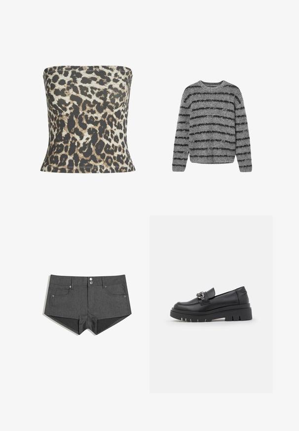 Sivi pleteni pulover s crnim vodoravnim prugama, okrugli izrez i rebrasta tekstura. Ima duge rukave i zaobljeni rub.; Top bez naramenica s uzorkom leoparda napravljen od rebraste tkanine, s kombinacijom crne, smeđe i krem boje, s prilagođenim dizajnom i obrubljenim rubovima.; Sivi traper kratke hlače s dva prednja džepa, dva prednja dugmeta i prilagođenim dizajnom. Tkanina ima glatku teksturu.; Crne mokasine s debelim platformom, glatka kožna gornja strana, dekorativni lanac, i blagi potplat s udubljenim detaljem.