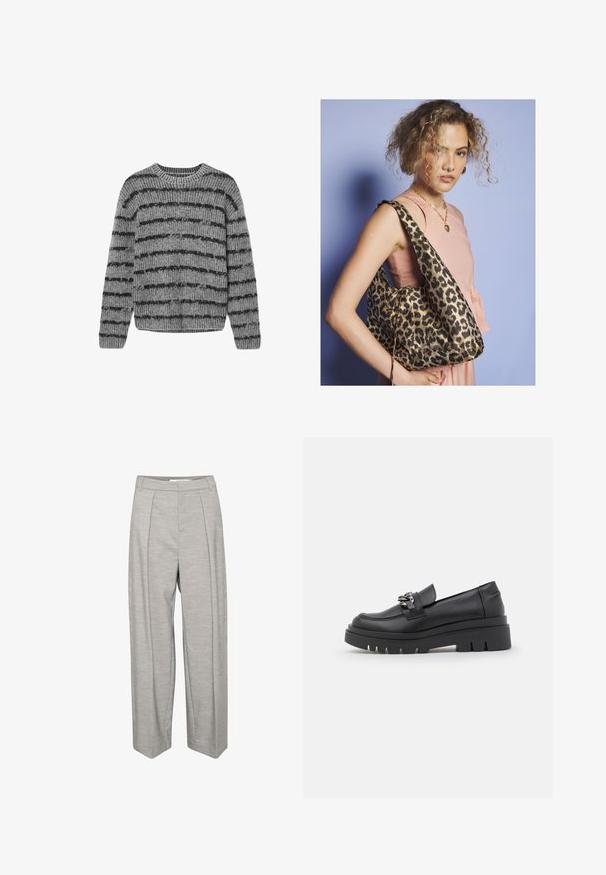 Pulover tricotat gri cu dungi orizontale negre, cu guler rotund și textură ribbed. Prezintă mâneci lungi și o margine rotunjită.; Pantaloni gri deschis, cu croială largă, dintr-un material neted, având două plii frontale, un brâu și picioare drepte.; Pantof black de tip loafer cu talpă chunky, gâtul din piele netedă, accent decorativ din lanț și toc ușor înclinat cu detaliu zimțat.; Femeie cu păr creț, purtând un top roz fără mâneci și un colier cu inimă din aur, care poartă o geantă de umăr mare cu imprimeu de leopard.