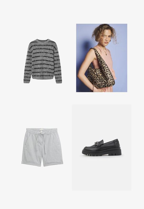 Pull en tricot gris avec des rayures noires horizontales, col rond et texture côtelée. Il possède des manches longues et un ourlet arrondi.; Shorts en coton léger avec des rayures verticales bleues et blanches. Équipés d'une taille élastique avec cordon de serrage et de poches latérales. Ourlets cousus.; Chaussure de type mocassin noire avec une semelle plate-forme épaisse, tige en cuir lisse, accent de chaîne décoratif et léger talon avec un détail en encoches.; Femme aux cheveux bouclés portant un top sans manches rose et un collier en or en forme de cœur, portant un grand sac à bandoulière en imprimé léopard.