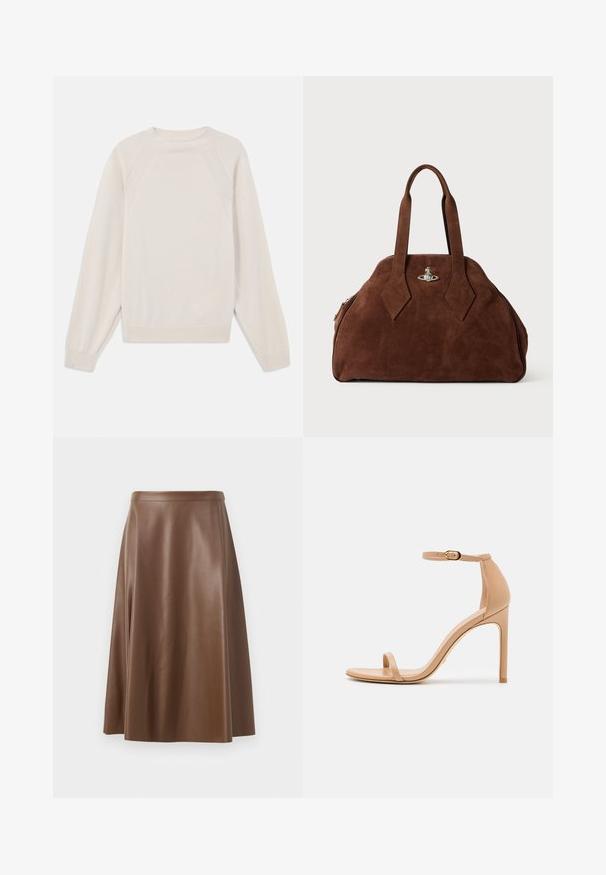 Hellbeige Pullover aus weichem Strickstoff. Mit Rundhalsausschnitt, langen Ärmeln und gerippten Bündchen sowie Saum im Raglan-Schnitt.; Brauer A-Linie Rock aus Leder mit glatter Textur und mittellangem Saum. Verfügt über einen taillierten Bund und eine leichte Ausweitung ab den Hüften.; Nude High-Heelsandale mit dünnem Knöchelriemen, offener Zehenpartie, glattem Leder und eleganter, zulaufender Absatz. Minimalistisches Design mit goldenen Beschlägen.; Braune Wildleder-Handtasche mit strukturiertem Design, abgerundeter Form und länglichen, diamantförmigen Griffen. Mit einem silbernen Metallverschluss ausgestattet.