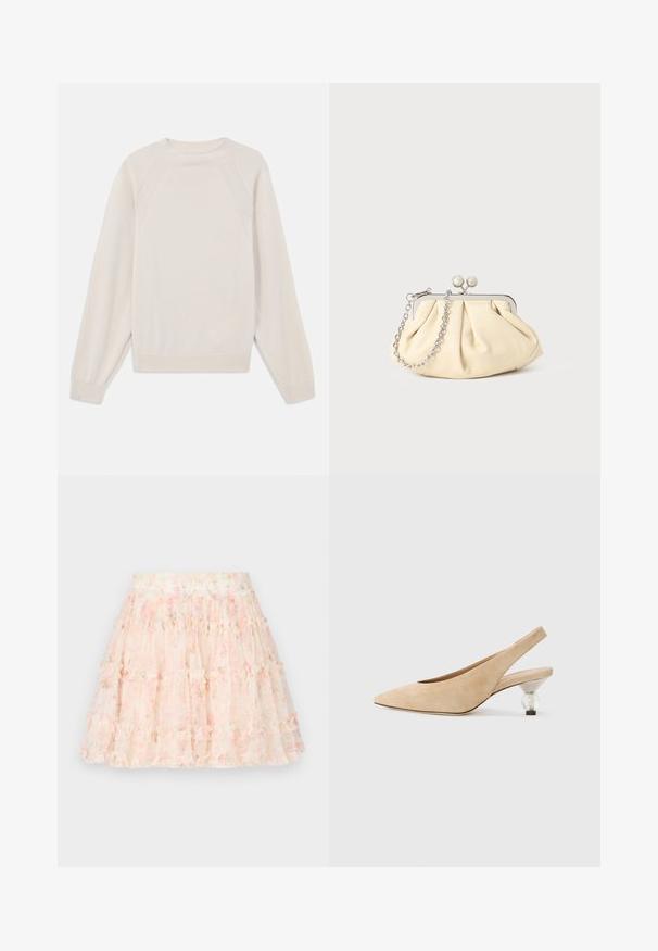 Šviesiai kremine megztinis, pagamintas iš minkštos, megztos medžiagos. Turi apvalų kaklą, ilgomis rankovėmis, su guma apdirbtomis rankovėmis ir apačia bei raglano tipo rankovėmis.; Needle & Thread DITSY SMOCKED MICRO MINI SKIRT - Mini sijonas - moonshine pink; Šviesiai rudos suknelės suknelės su smailiu pirštu ir skaidriu, apvaliu kulnu. Lygus tekstūros ir minimalistinis dizainas.; Plyšiniai smėlio spalvos odiniai rankinukai su sidabriniu metaliniu rėmu, turintys du apvalius dekoratyvinius užtrauktukus ir sidabrinę grandinėlę.