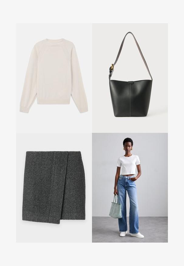 Lichtcreme trui van zacht, gebreid stof. Heeft een ronde hals, lange mouwen en geribde manchetten en zoom met raglanmouwen.; Grijze rok met een visgraatpatroon en een wikkeldesign, gemaakt van een gestructureerde stof en heeft een schone, rechte zoom.; Witte geribde crop top, lichtblauwe wijde jeans en witte sneakers. Houdt een groen-wit gestreepte tote bag vast.; Zwarte leren schoudertas met een gladde textuur, gebogen vorm en een enkele verstelbare schouderriem voorzien van gouden hardware en een merkaccent.