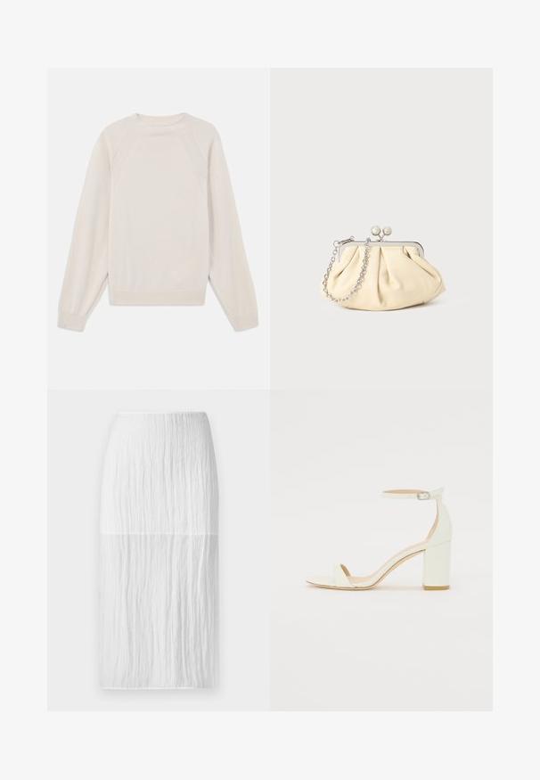 Hele koorvalge kampsun, mis on valmistatud pehmest kudumiskangast. Omab ümarat kaelust, pikki varrukaid ning soonikuga mansette ja äärt, koos raglaansleeve kujundusega.; Valge põlvepikkune seelik, mis on valmistatud tekstuurilisest kangast, vertikaalsete voldidega, siluetti lisab sujuv vöökoht ning sirge lõige.; Valge nahast takjakandiga sandaal, millel on kinnitusrihm ja minimalistlik disain. Avatud varvastes ja sileda pinnaga.; Kortsus beežist nahast kotike, millel on hõbedane metallraam, kaunistatud kahe ümmarguse dekoratiivse lukuga ja hõbedase ketispideme.